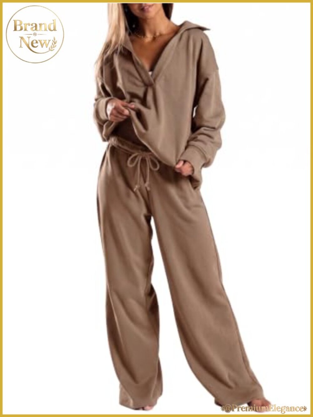 Womens 2 Piece Lounge Set Cotton Blend V Neck Pullover Wide Leg Pants Tracksuit